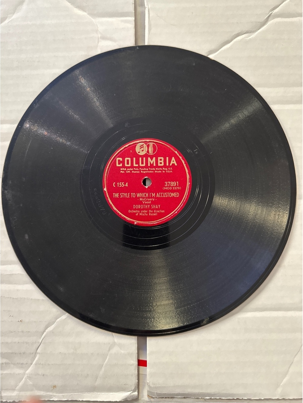 Vintage Columbia 78 RPM Vinyl Record by Dorothy Shay - The Style to Which I'm Ac
